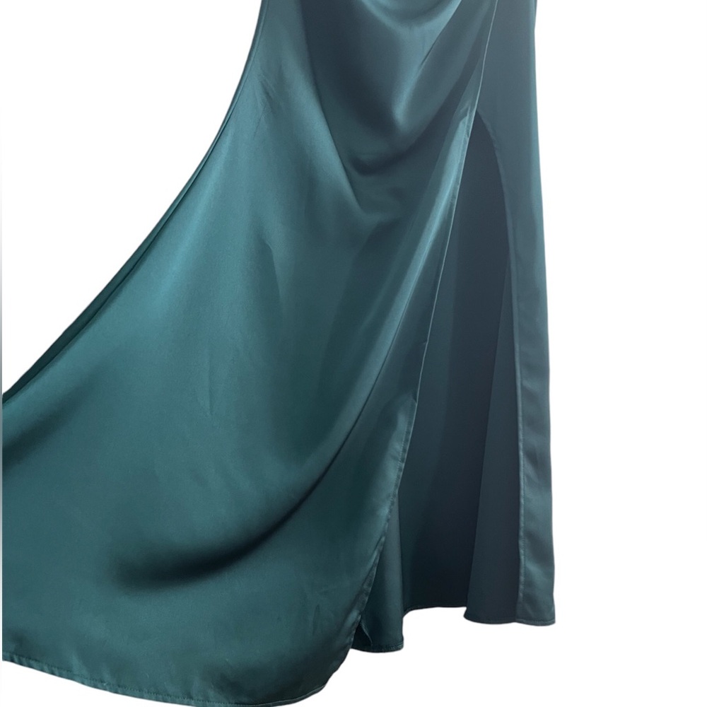 Kimberley Bottle Green Bardot Fishtail Satin Maxi Dress | Club L London | US 2 - Picture 8 of 13